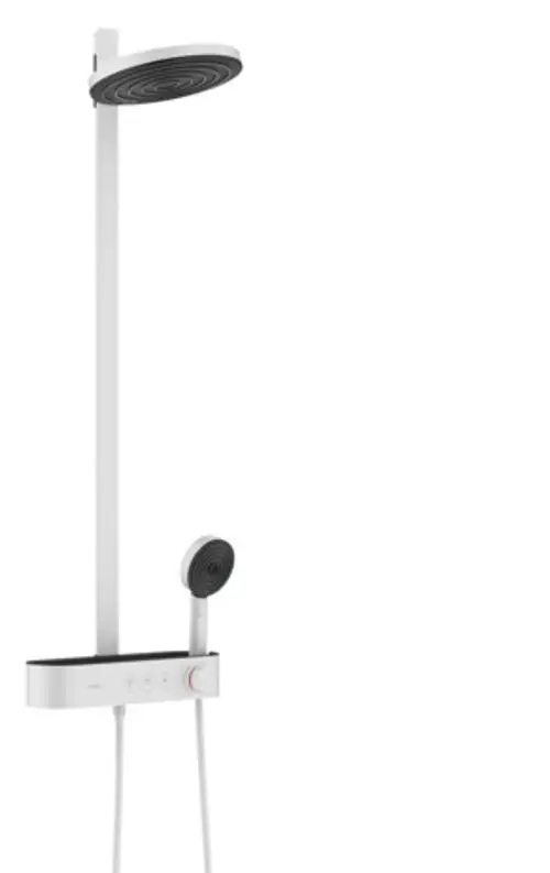 Hansgrohe Duschsystem mit Regenbrause und Handbrause an vertikalem Halter. Steuerungselemente an Wandmontage für Wasserfluss und Temperatur.
